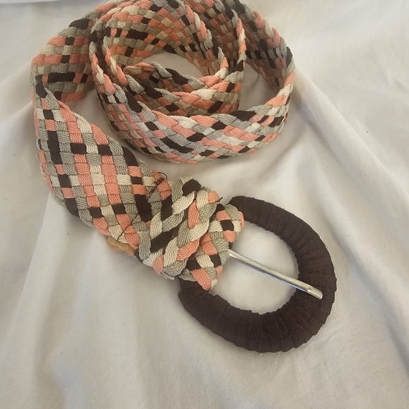 Accessories - Woven Multicolor Rope Belt with Round Buckle - Brown, Coral, Cream